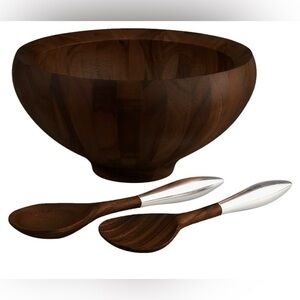 NIB Nambe Yaro Acacia Wood Salad Bowl with 2 Salad Servers in Dark Espresso